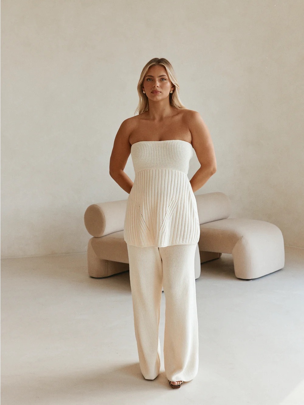 NWT! Sabo Knit Ribbed Two-Piece Tank & Pants Set — Cream